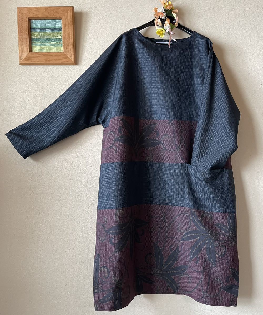 ☆handmade着物リメイク：大島紬＋古布紬パッチゆったりチュニック