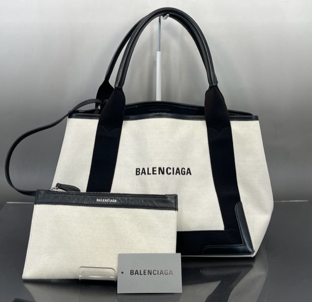 バレンシアガ BALENCIAGA 339933 カバ キャンバス ポーチ付き トートバッグ ホワイト×ブラック USED品