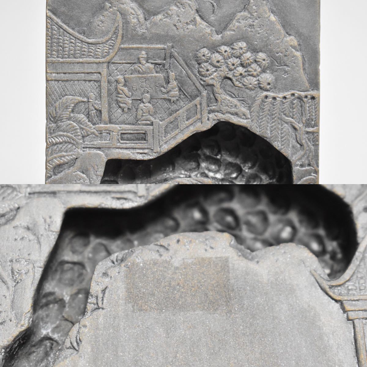 送料無料　未使用　山水楼閣彫刻端渓硯　中国文房四宝 英】1218 ▽文房具蒐集品▽ 時代 端渓楼閣山水彫硯 中国美術 書道具