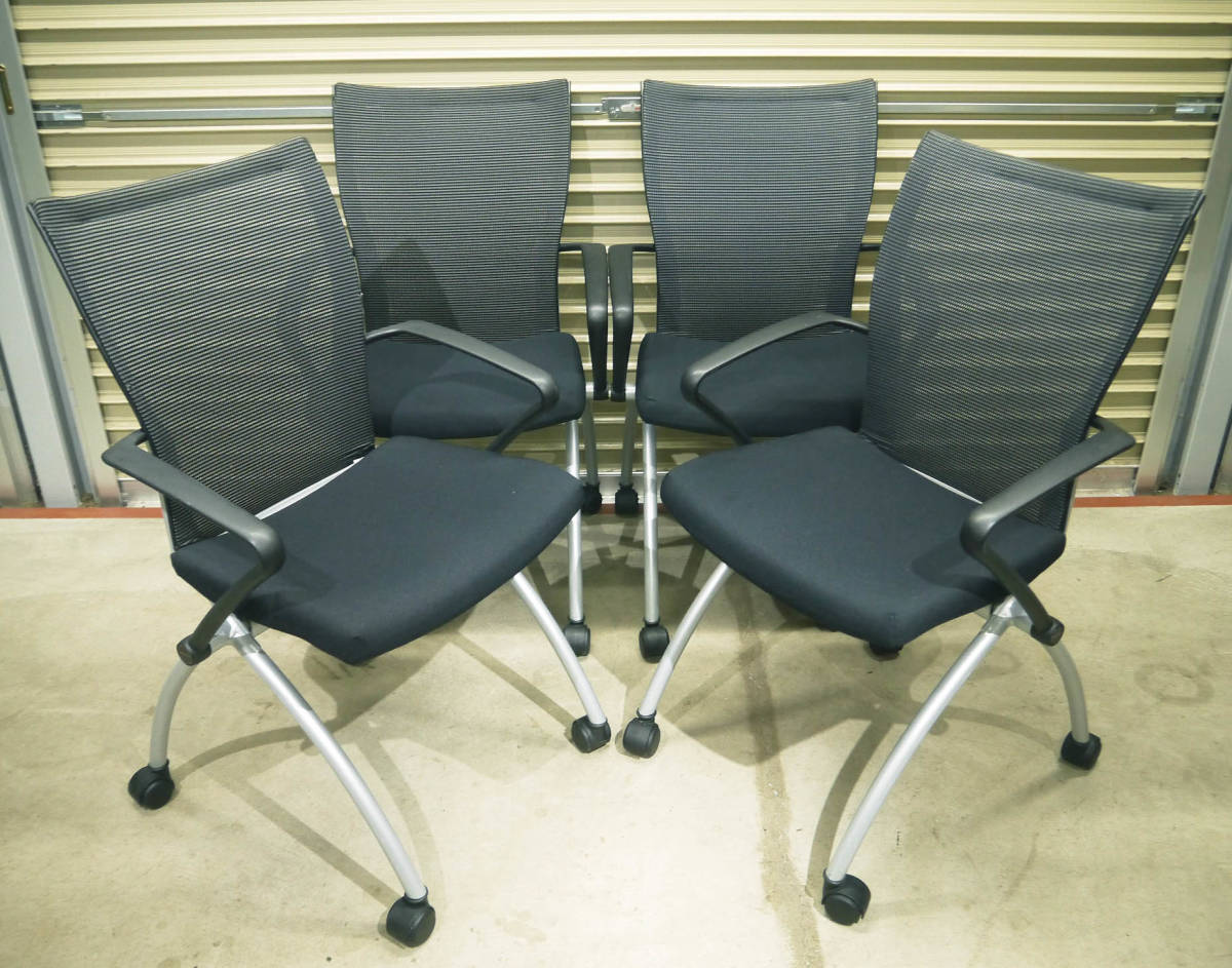 H205●USA製 HAWORTH ヘイワース ネスティングチェア スタッキングチェア 肘付 キャスター付 X640-014-J 4脚セット X99 オフィス 椅子 