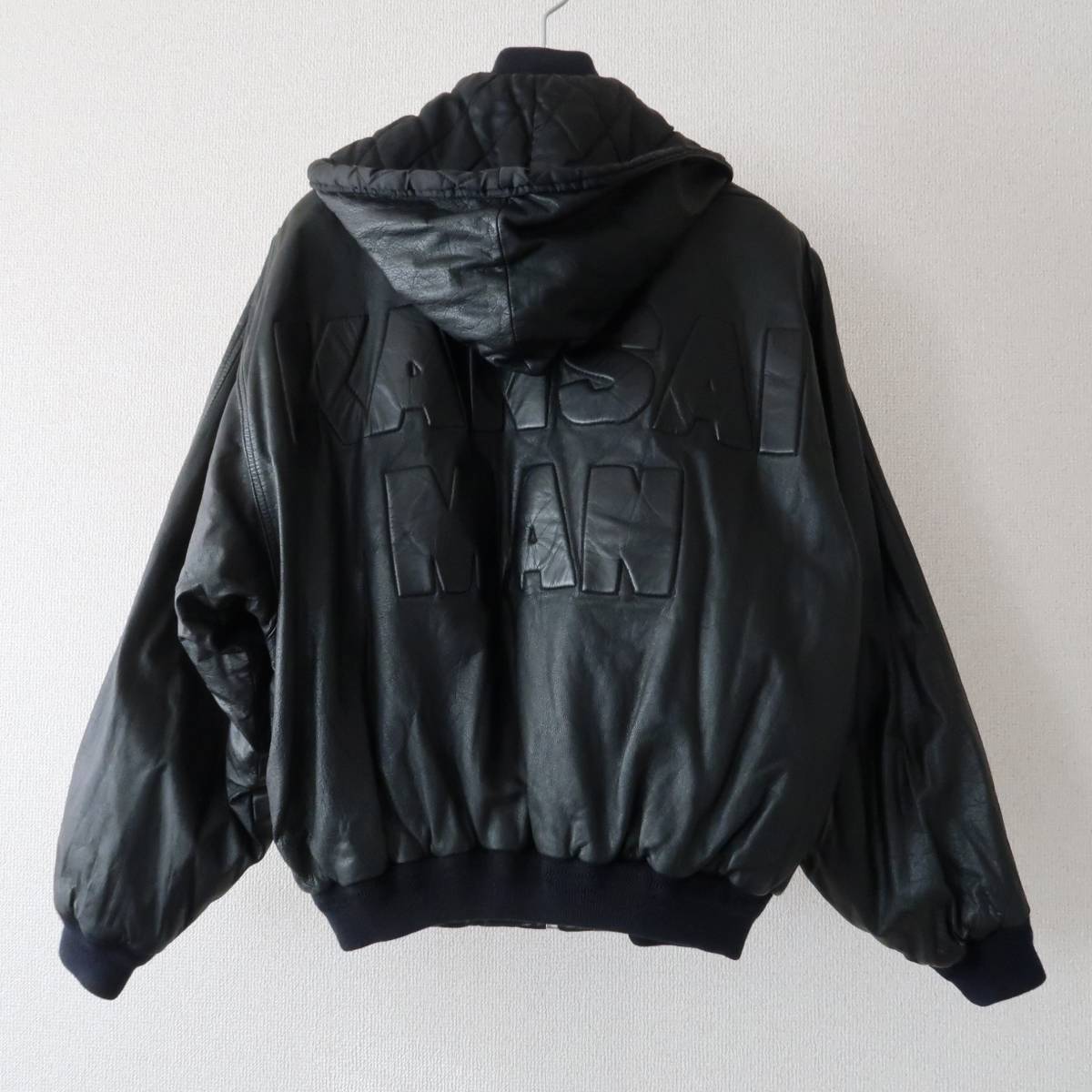 80's 90's KANSAI MAN バックエンボスロゴ＆着脱式フード付き ブラックレザーボマージャケット 表記M/ビンテージ山本寛斎 西村豊アーカイブ