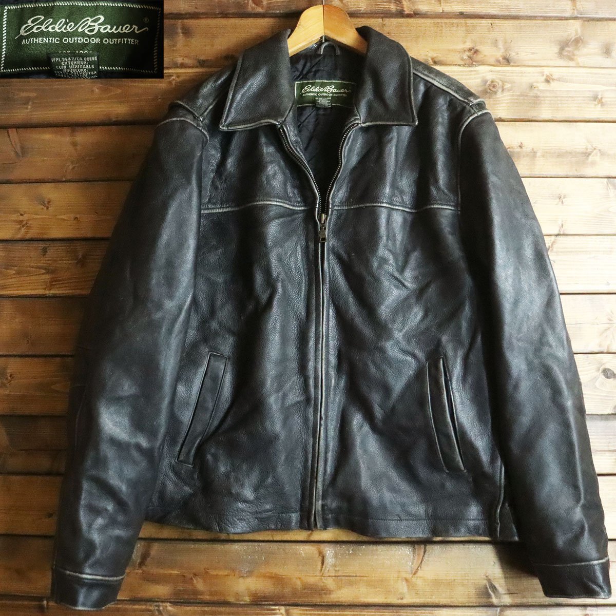 ★5K/T1.14-1　Eddie Bauer　エディーバウアー　シングルライダース　レザージャケット　本革　皮ジャン　革ジャン　メンズ　L　黒