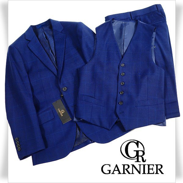 新品1円～★定価6.9万 GARNIER ガルニエ メンズ 2BS ウール毛100%スリーピーススーツ 6 L チェック ネイビー ノータック ◆1799◆