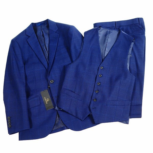 新品1円～★定価6.9万 GARNIER ガルニエ メンズ 2BS ウール毛100%スリーピーススーツ 6 L チェック ネイビー ノータック ◆1799◆