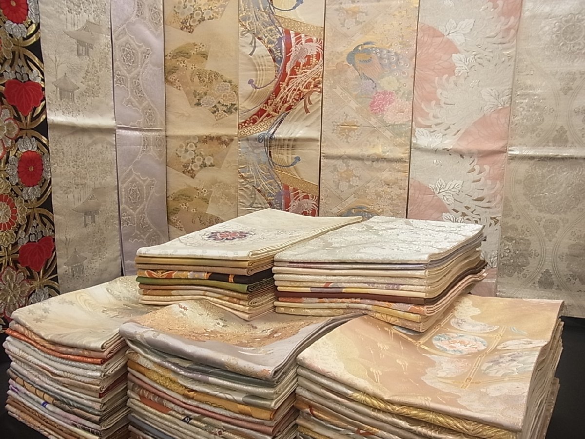 着物屋こころ■1円 袋帯 西陣織 まとめて100点 全て正絹 未使用品あり 鳳凰 孔雀 風景 乱菊 宝相華 七宝 正倉院 服部織物謹製 など hi441
