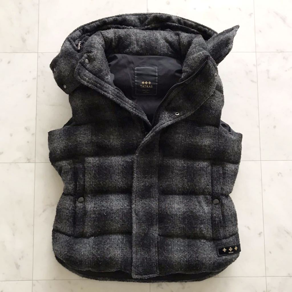 希少デザイン★ タトラス / TATRAS 極暖 ダウンベスト 02/Mサイズ ダウン95% ポーランド製 高級感◎ 着脱フード チェック柄 グレー メンズ