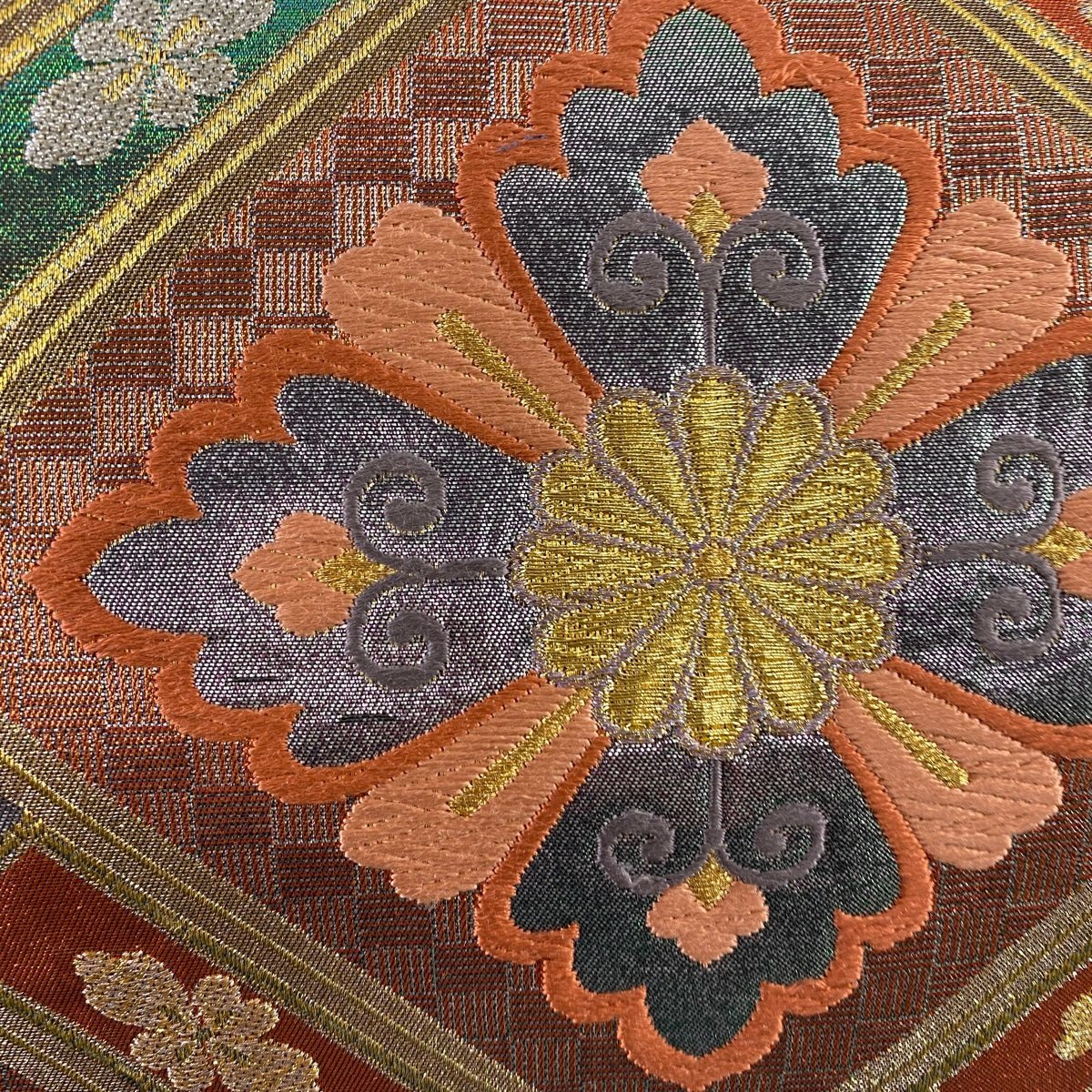 袋帯 美品 秀品 落款 幾何学 絞り 灰緑 全通 正絹 【中古】