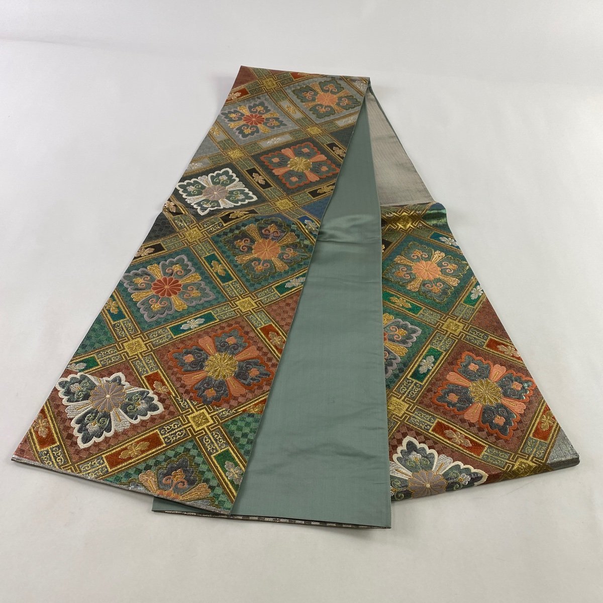 袋帯 美品 秀品 落款 幾何学 絞り 灰緑 全通 正絹 【中古】
