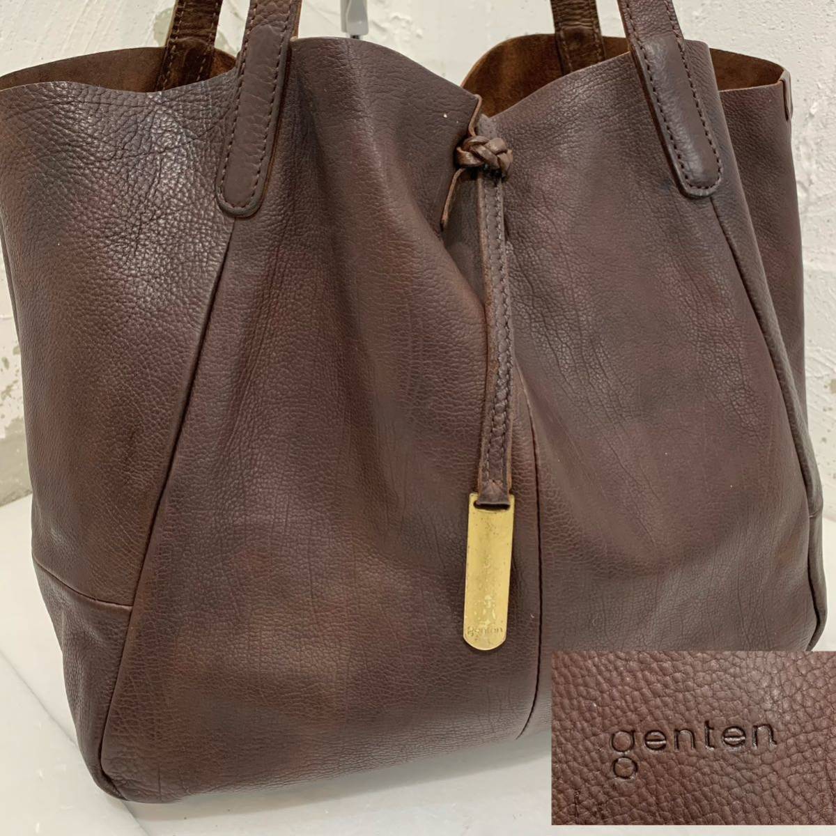genten 工具ロゴ ゲンテン オールレザー トートバッグ 本革 ブラウン 
