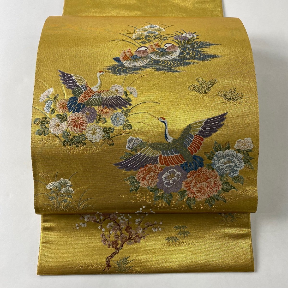 袋帯 美品 秀品 彩華典麗文 鳥 箔 金糸 銀色 六通 正絹 【中古