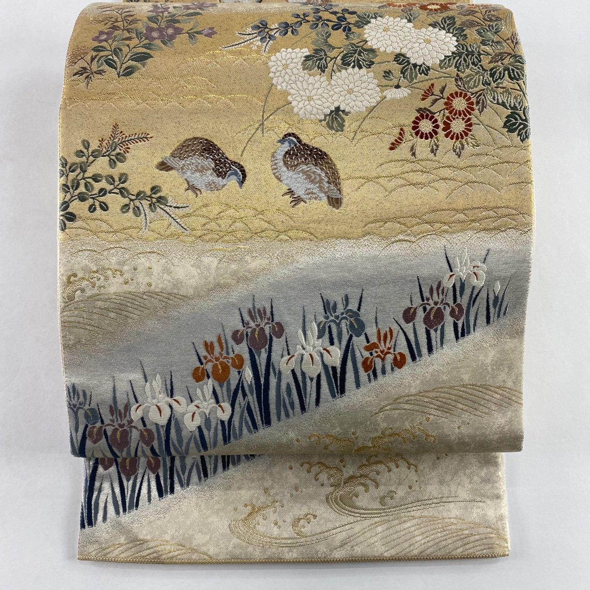 袋帯 秀品 六通 美品 草花 箔 正絹 金銀糸 金糸 ベージュ 波 正絹