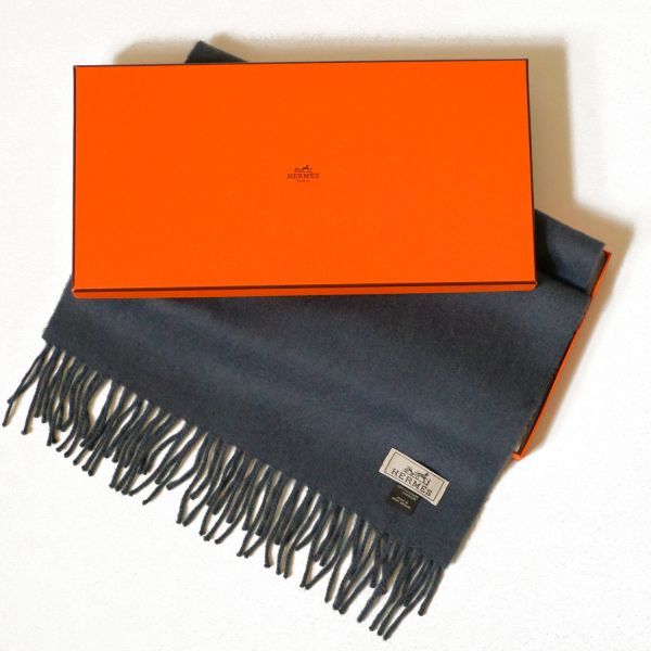 Hermes エルメス マフラー ブルーグレー カシミヤ100％ カシミア メンズ 紳士 レディース 230125-28