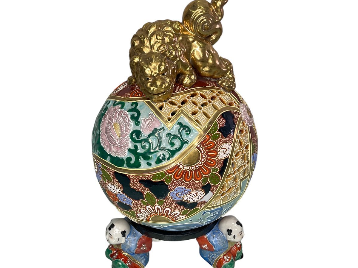 □九谷焼∥KUTANI　POTTARY　　三脚童子　金獅子香炉　全高30㎝　毬紋様　中古品【現状品】□