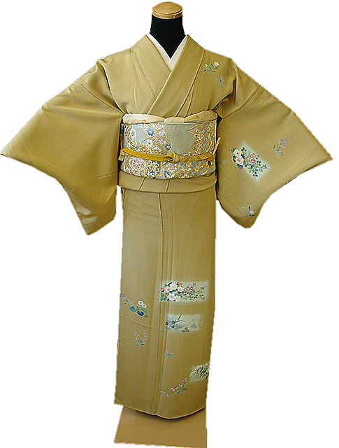 時代屋 裄66.7ｃｍ 縮緬地 附下 訪問着 西陣織 袋帯 帯揚げ 帯〆 4点 セット 正絹 仕立上り 袷 梶の葉 154ｃｍ～160ｃｍ H979