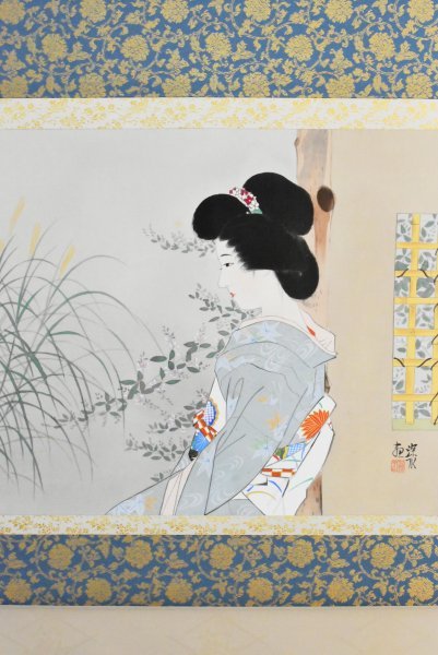 K1314 複製工芸 伊東深水「立秋」絹本 共箱 工芸 人物画 日本画 鏑木清