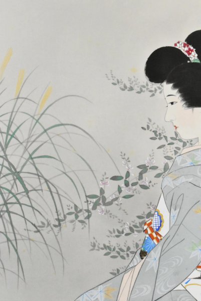K1314 複製工芸 伊東深水「立秋」絹本 共箱 工芸 人物画 日本画 鏑木清
