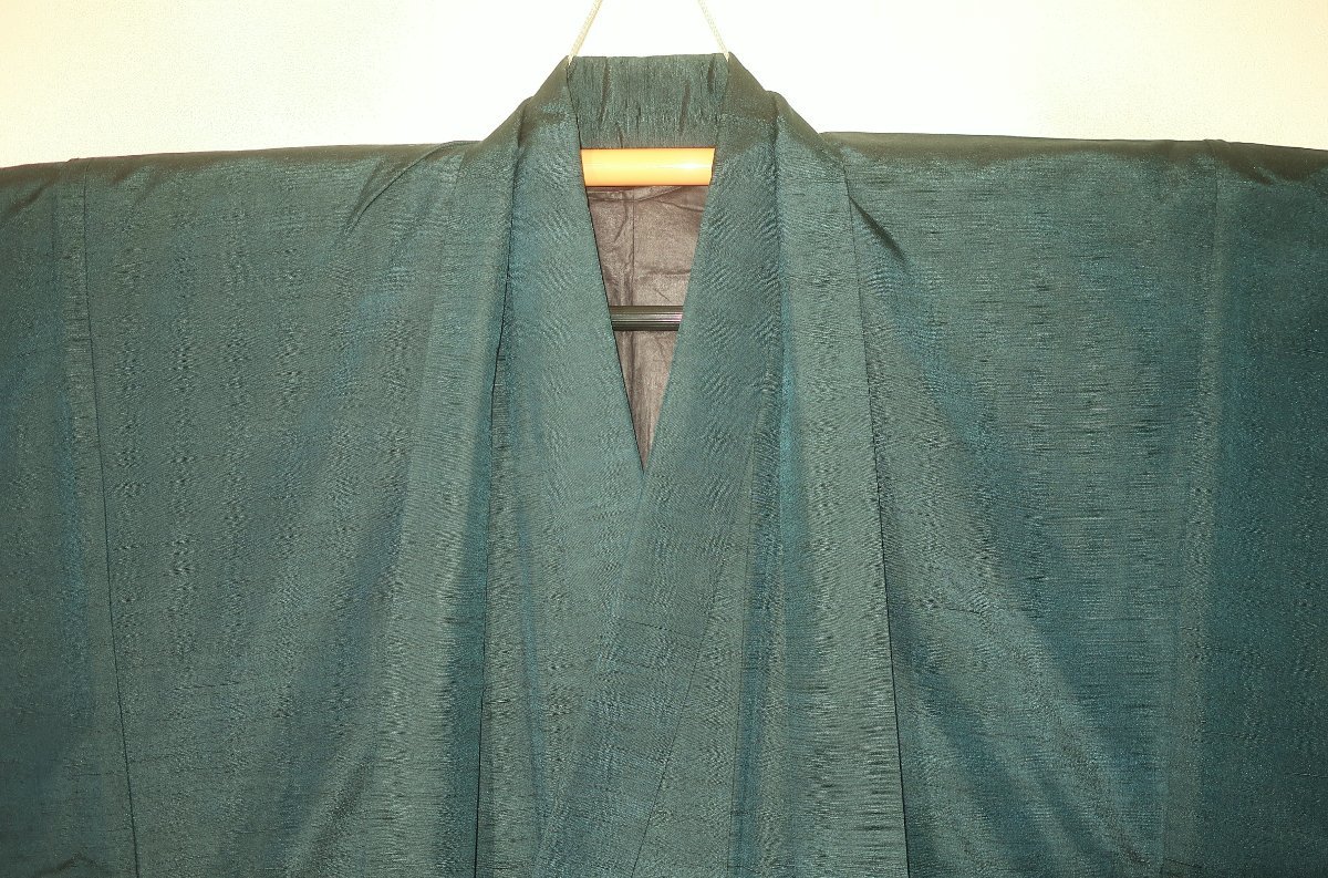 壱火0529 本絹現代結城紬 男着物羽織 裄69К丈151 超光沢瑠璃青緑・お納戸色濃淡 現行品