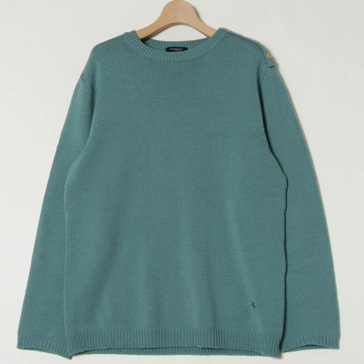 【1円スタート】BURBERRY LONDON バーバリー 左肩ボタン長袖セーター ニット トップス ウール100％ ホース刺繍 くすみカラー 水色 M