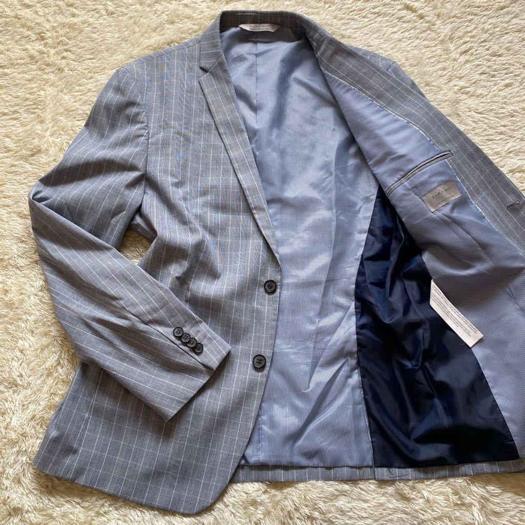 美品 ザラマン【希少3XL! 華やかな装い】ZARA MAN テーラードジャケット メンズ 54 XL〜3XL 大きいサイズ チェック ブルー系 青 2B