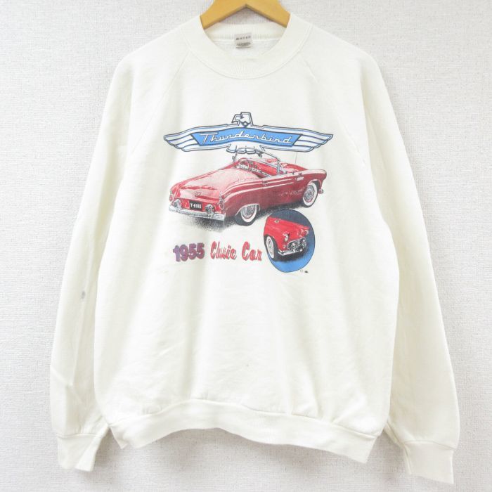 L/古着 長袖 スウェット メンズ 90s サンダーバード 車 ラグラン クルーネック 薄ベージュ カーキ spe 23feb06 中古 スエット トレーナー