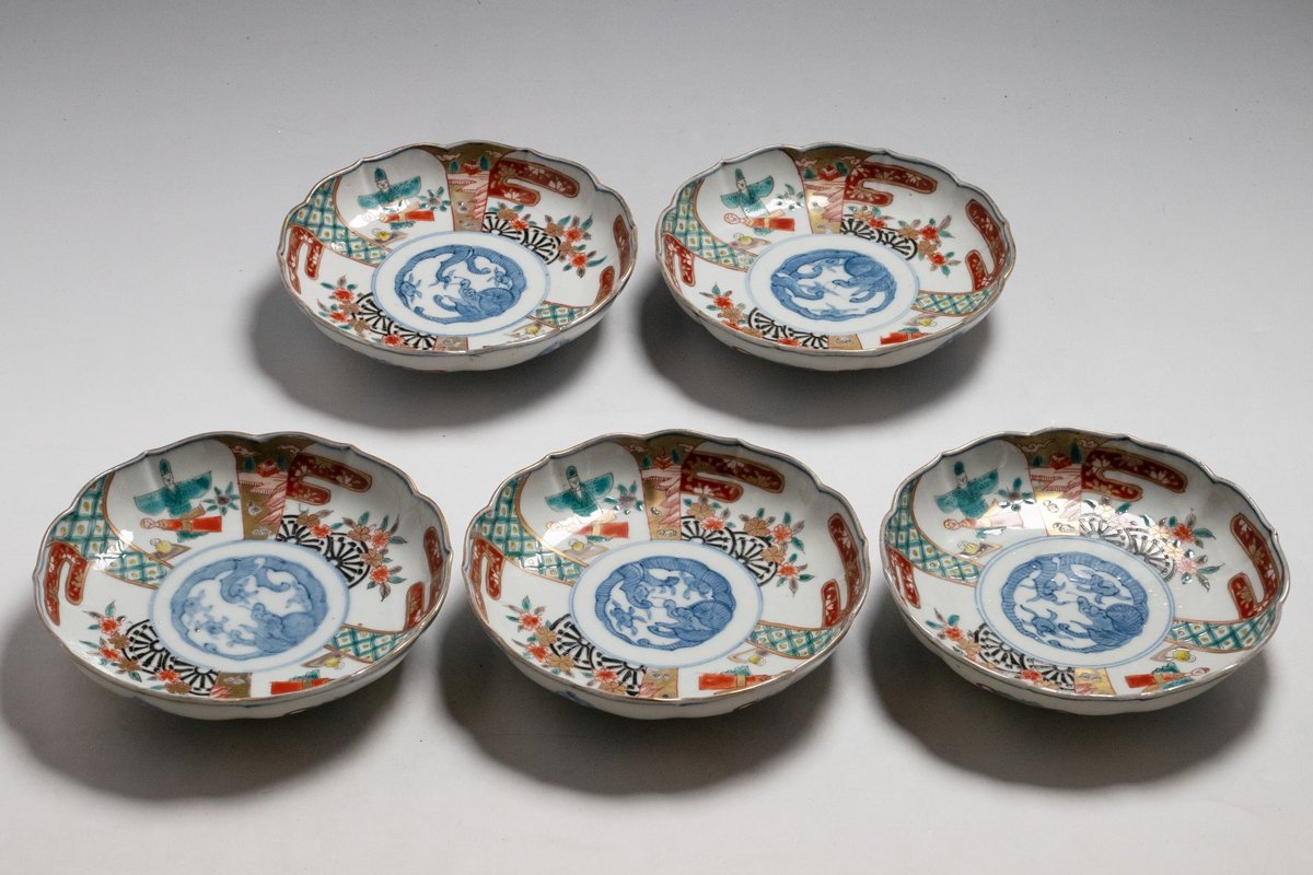 ＊ 橘 ＊　伊万里　皿　色絵「立ち雛／雛人形」文　5枚　雛祭り　明治時代頃　No.2