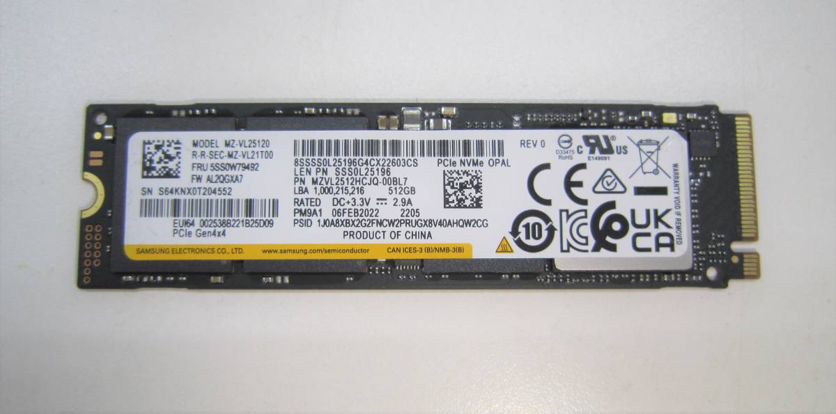 ⑤使用時間(少)SAMSUNG SSD 512GB MZ-VL25120 PCIe M.2 2280