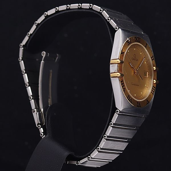 1円 稼働 良品 保証書付 オメガ QZ 1410.10 コンステレーション ゴールド文字 デイト ローマン ラウンド メンズ腕時計 0005500▼