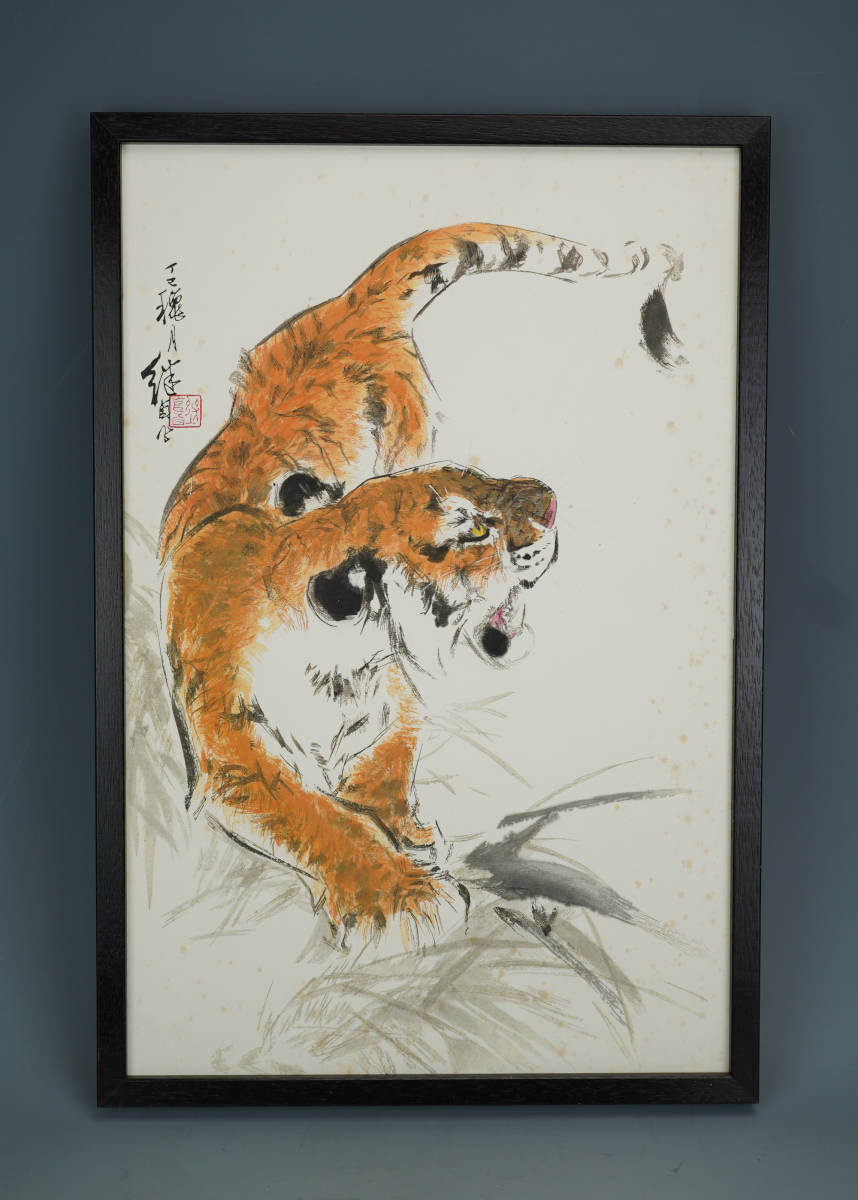鳴】中国美術 劉継鹵 虎図 額装 紙本 工芸 2-23検：掛軸 中国画 山水