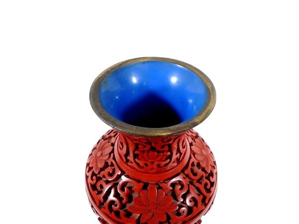 中国美術/堆朱/彫漆内七宝細密唐草花文花瓶/飾壺/花器/花入/細密彫刻