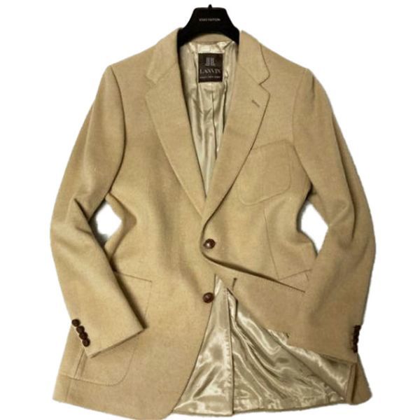 高級 LANVIN ランバン スコットランド製生地「CAMEL HAIR」ハンドステッチ仕立てテーラードジャケット ライトキャメル/ロゴ総柄 L相当 N177