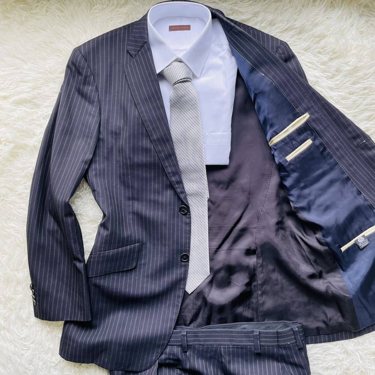 希少 XL相当 PaulSmith London スーツ セットアップ ポールスミスロンドン 黒色 ブラック ストライプ柄　ウール100