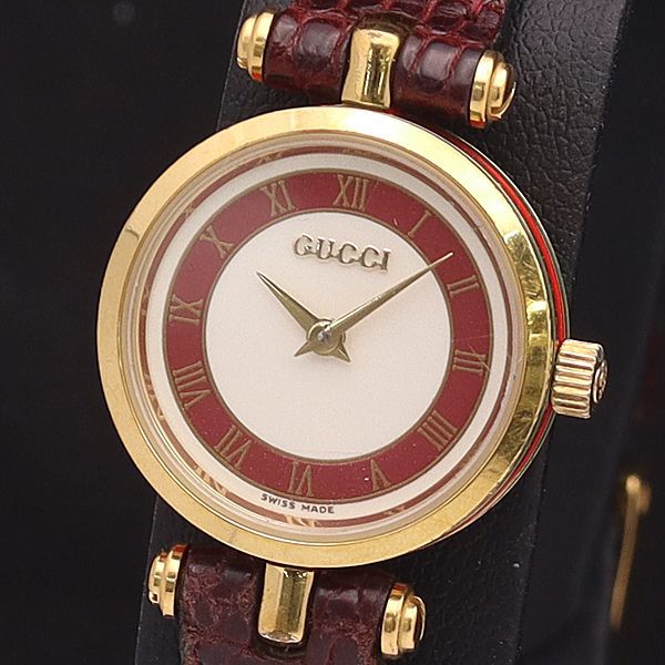1円 稼働 良品保証書付 グッチ QZ 2000L ラウンド ローマン アイボリー系×赤文字盤 レディース腕時計 0528000◇