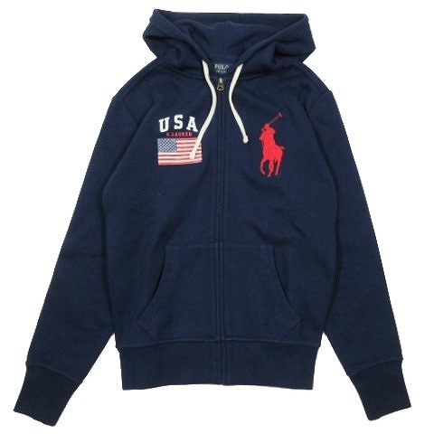 未使用品 ポロ ラルフローレン POLO RALPH LAUREN スウェット パーカー ジップアップ ワッペン 星条旗 ビッグポニー カットソー XS ネイビ