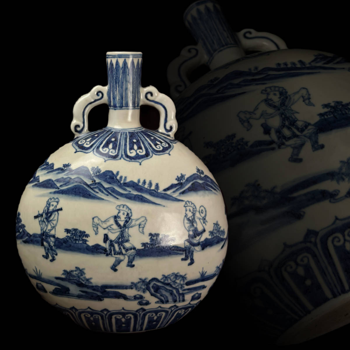 中国美術 染付 扁壺 青花唐人景紋［ 検索 / 元染付 景徳鎮 古玩 龍泉窯