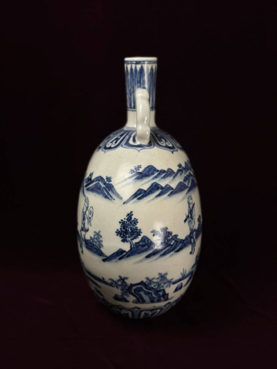 中国美術 染付 扁壺 青花唐人景紋［ 検索 / 元染付 景徳鎮 古玩 龍泉窯