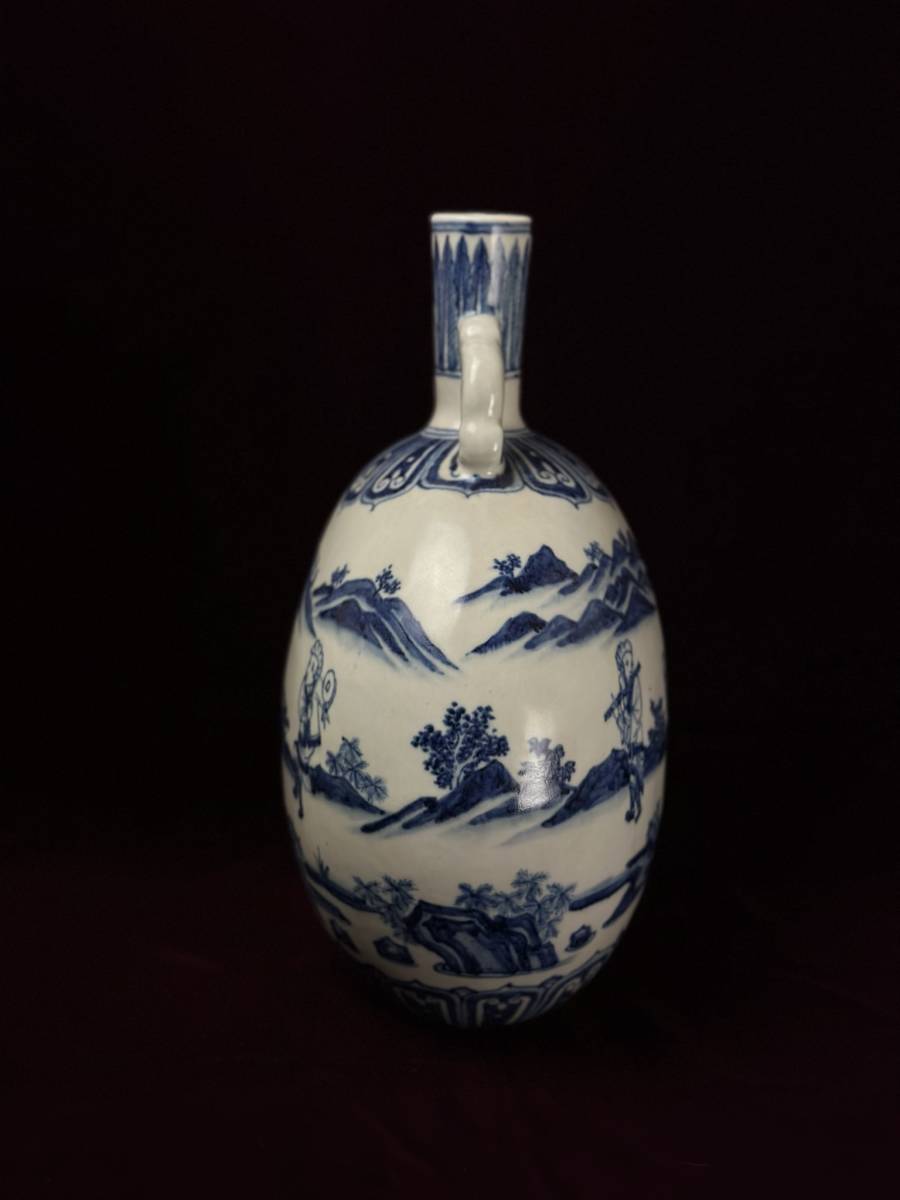 中国美術 染付 扁壺 青花唐人景紋［ 検索 / 元染付 景徳鎮 古玩 龍泉窯