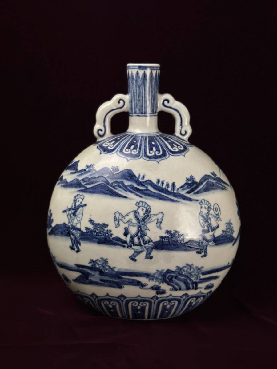 中国美術 染付 扁壺 青花唐人景紋［ 検索 / 元染付 景徳鎮 古玩 龍泉窯