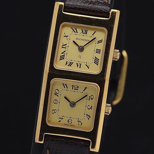 1円 ブッフェラー QZ デュアルタイム ゴールド文字盤 スクエア レディース腕時計 XYZ2000000★