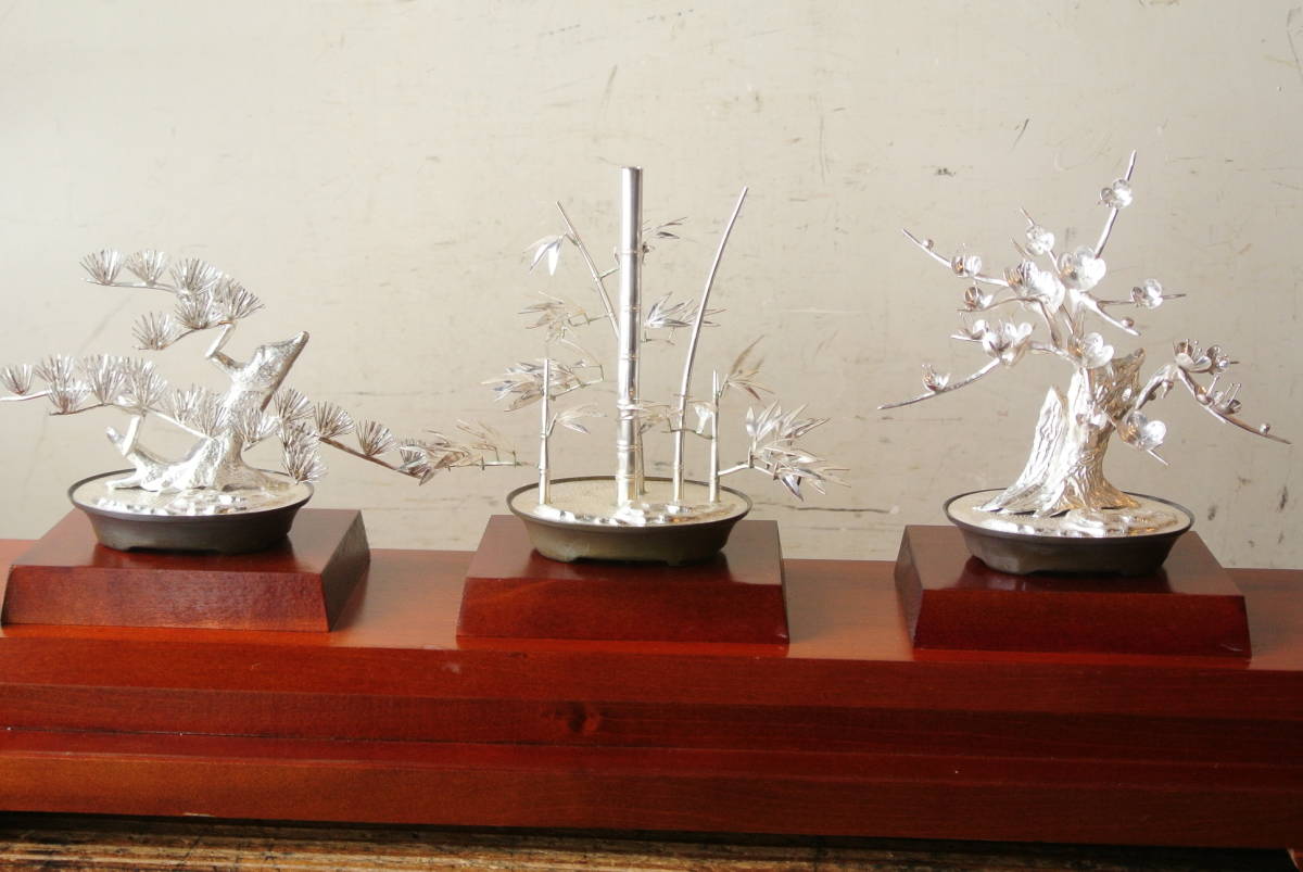 金工作家 大淵武則（光則）作 純銀製 置物 松竹梅 検】縁起物 盆栽