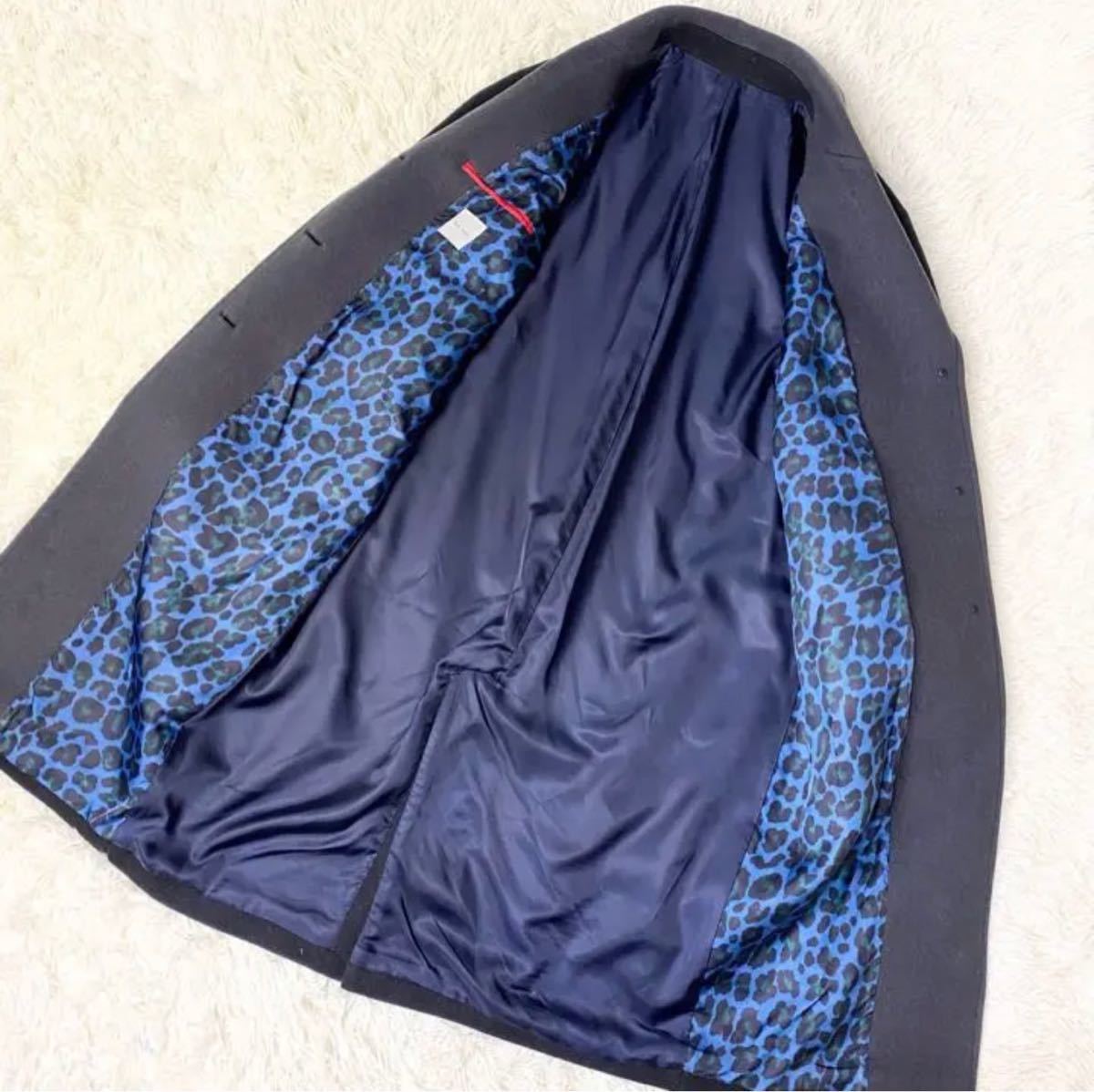 現行タグ 級 PaulSmith ポールスミス ロング チェスターコート 裏地レオパード 豹柄 ブラック 黒 青 40 レディース バイカラー ...