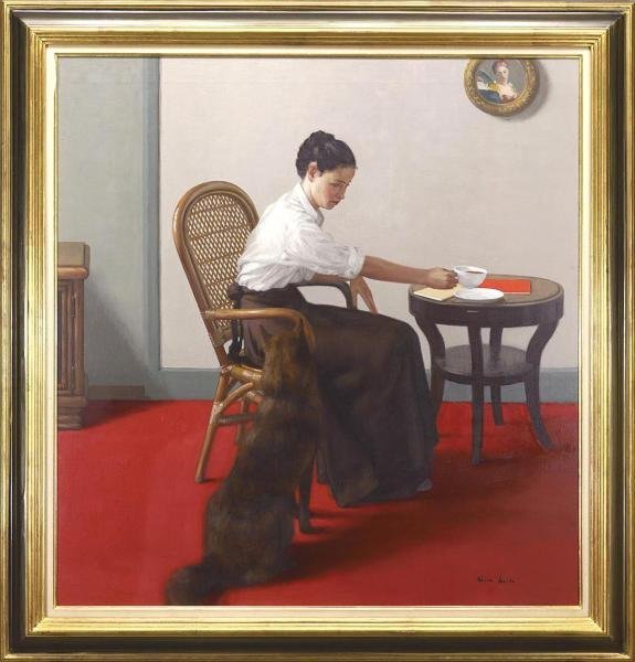 真作】【WISH】堀江史郎「お茶の時間」油彩 30号大 大作 ◇美人と犬