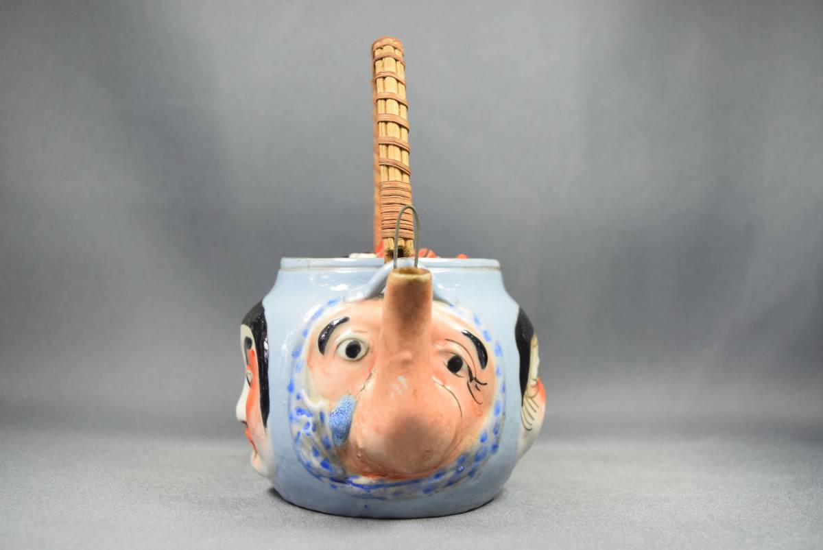 萬古焼 五面 急須 お多福 おかめ 鬼 金太郎 ひょっとこ 天狗 色絵 煎茶  