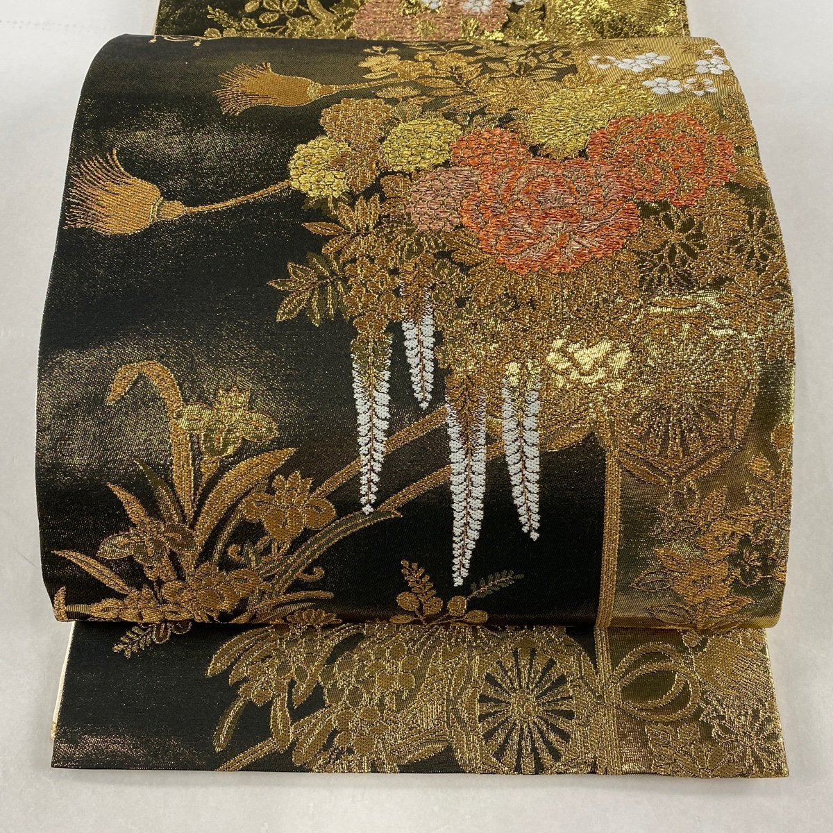 袋帯 美品 秀品 花車 組紐 金糸 箔 焦茶色 全通 正絹 【中古】 【公式 
