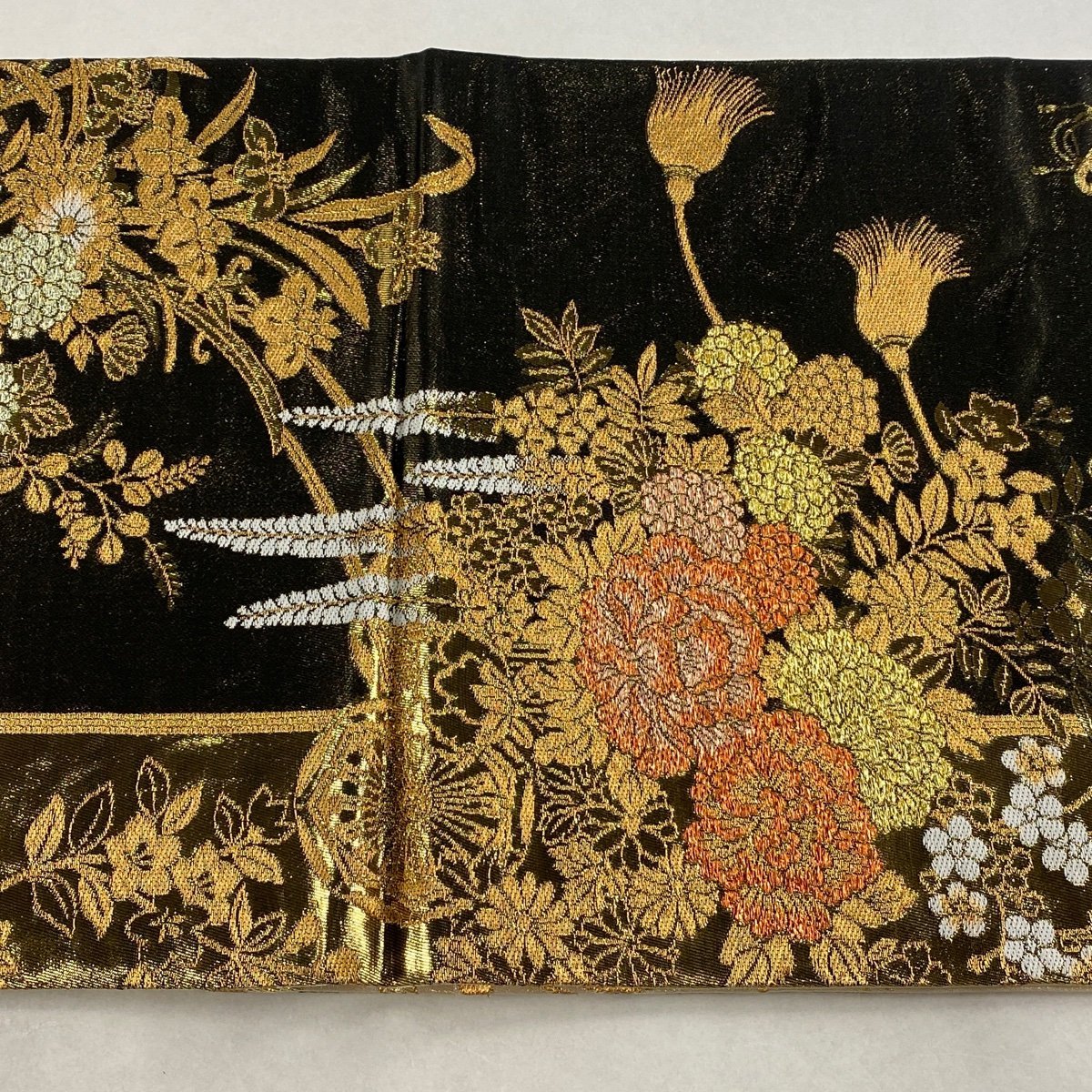 袋帯 美品 秀品 花車 組紐 金糸 箔 焦茶色 全通 正絹 【中古】 【公式 