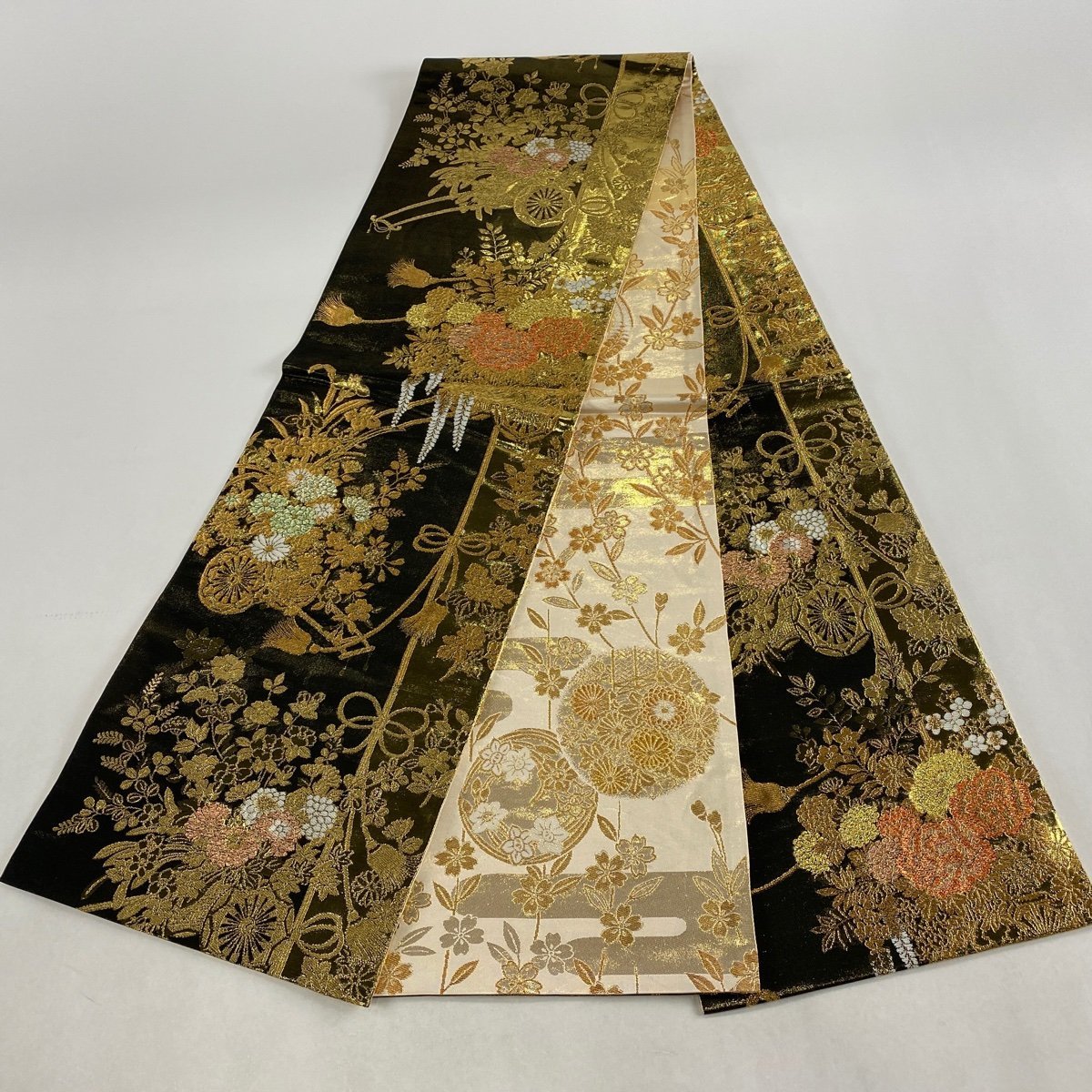 袋帯 美品 秀品 花車 組紐 金糸 箔 焦茶色 全通 正絹 【中古】 【公式 