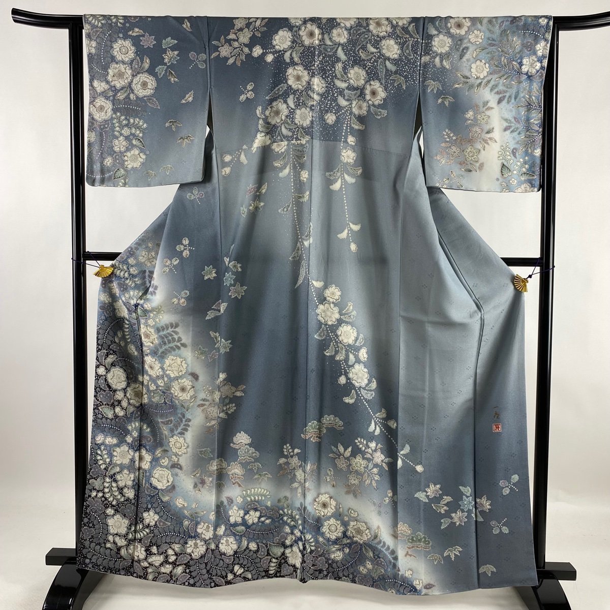 訪問着 逸品 吉乃一廉 落款 辻が花 銀通し ぼかし 青灰色 袷 身丈164cm 