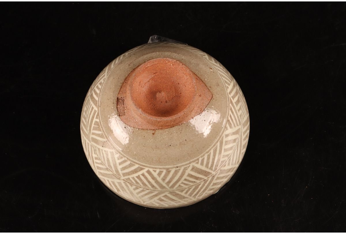URA]福森研晃 造/三島数茶碗10客/共箱/7-s2-179(検)骨董/鉢/茶道具