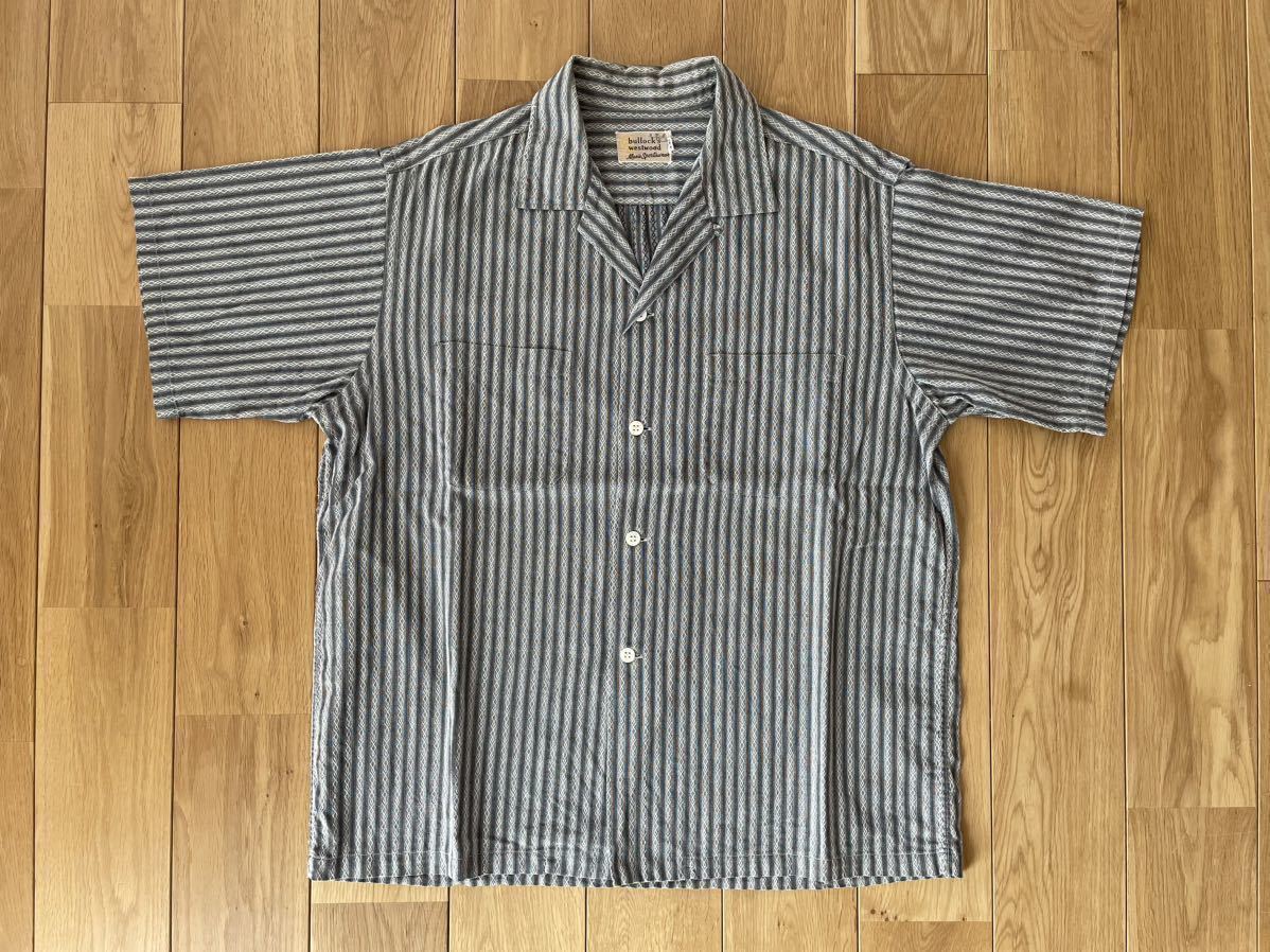 50'SビンテージUSA製BULLOCK'S WESTWOOD STRIPE SHIRTオープンカラーループカラーシャツ灰黒白半袖織柄sizeLRRLロカビリー襟芯なしラルフ