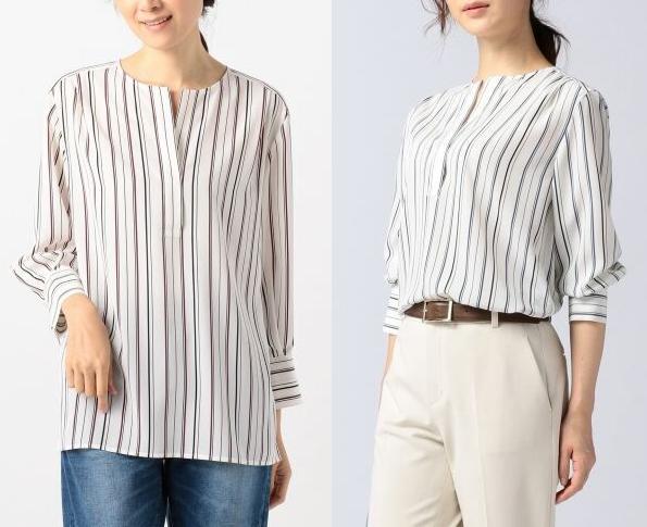 23区 洗える ワイドストライプデシン スキッパー ブラウス 白 ワイン系