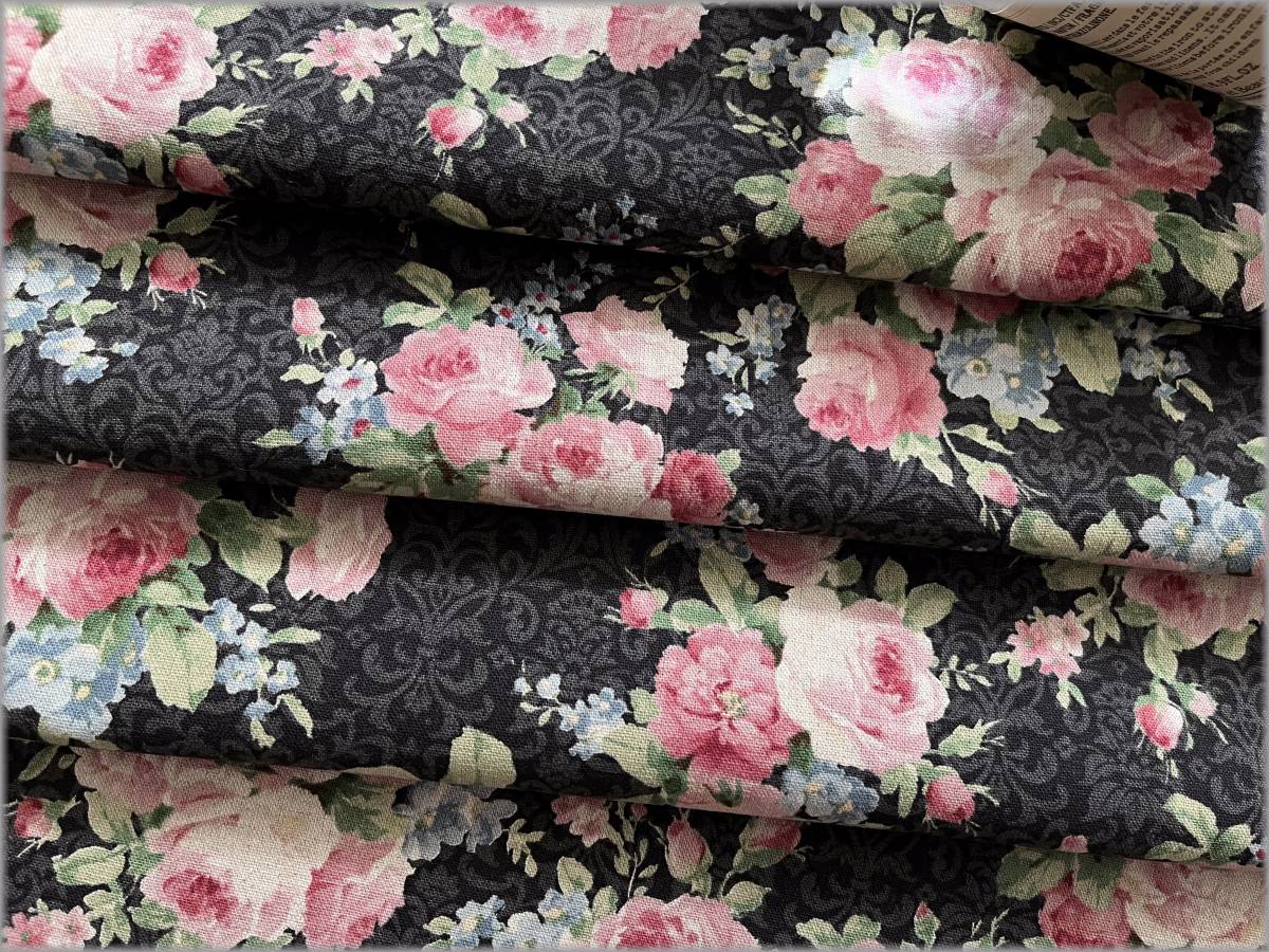 mets★5m*綿麻キャンバス*アンティークローズ薔薇*charcoal*72E